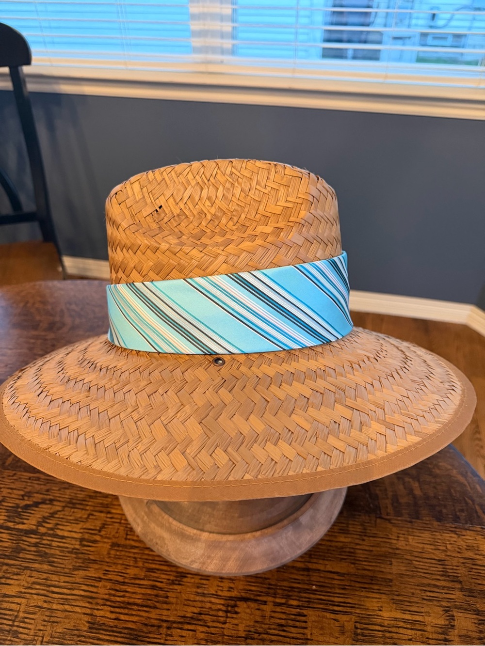 Riata Woven Straw Sun Hat with Aqua Striped Bow - Picture 3 of 12